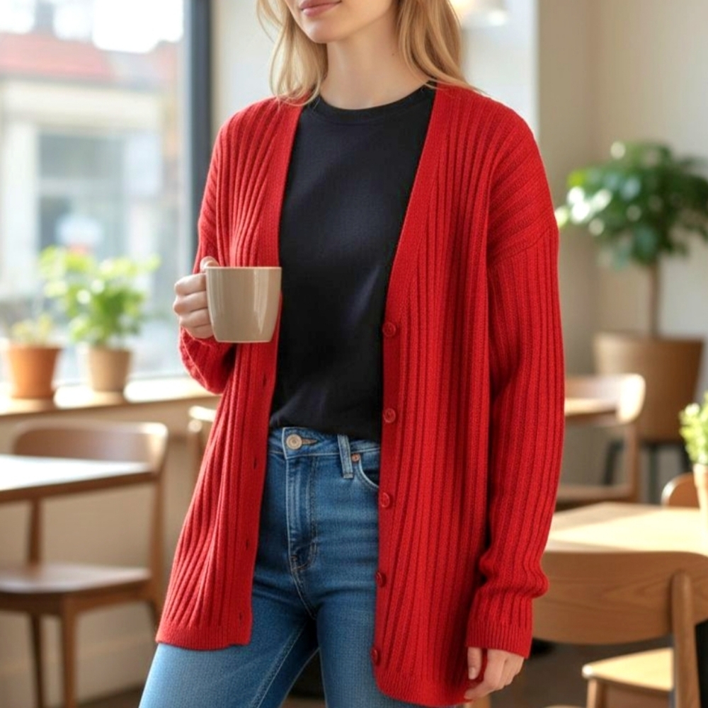 Vintage Red Ribknit Cardigan Sweater  Casual Academia School Ramie by SK Wear/ M